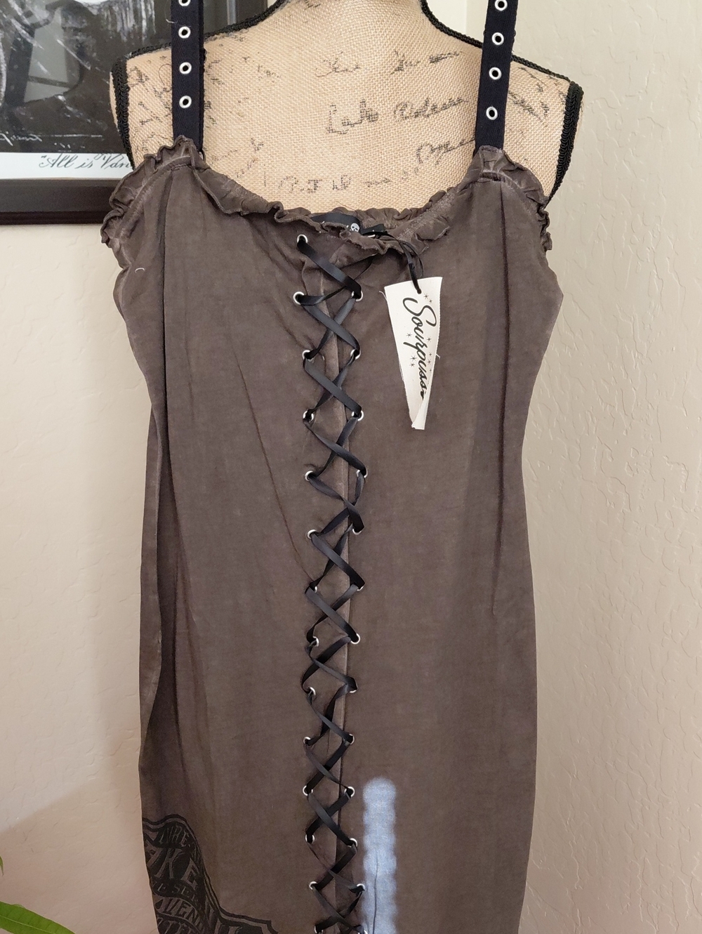SOURPUSS LARGE Lace-Up Brown Tank DRESS with Eyelet Straps down The Front